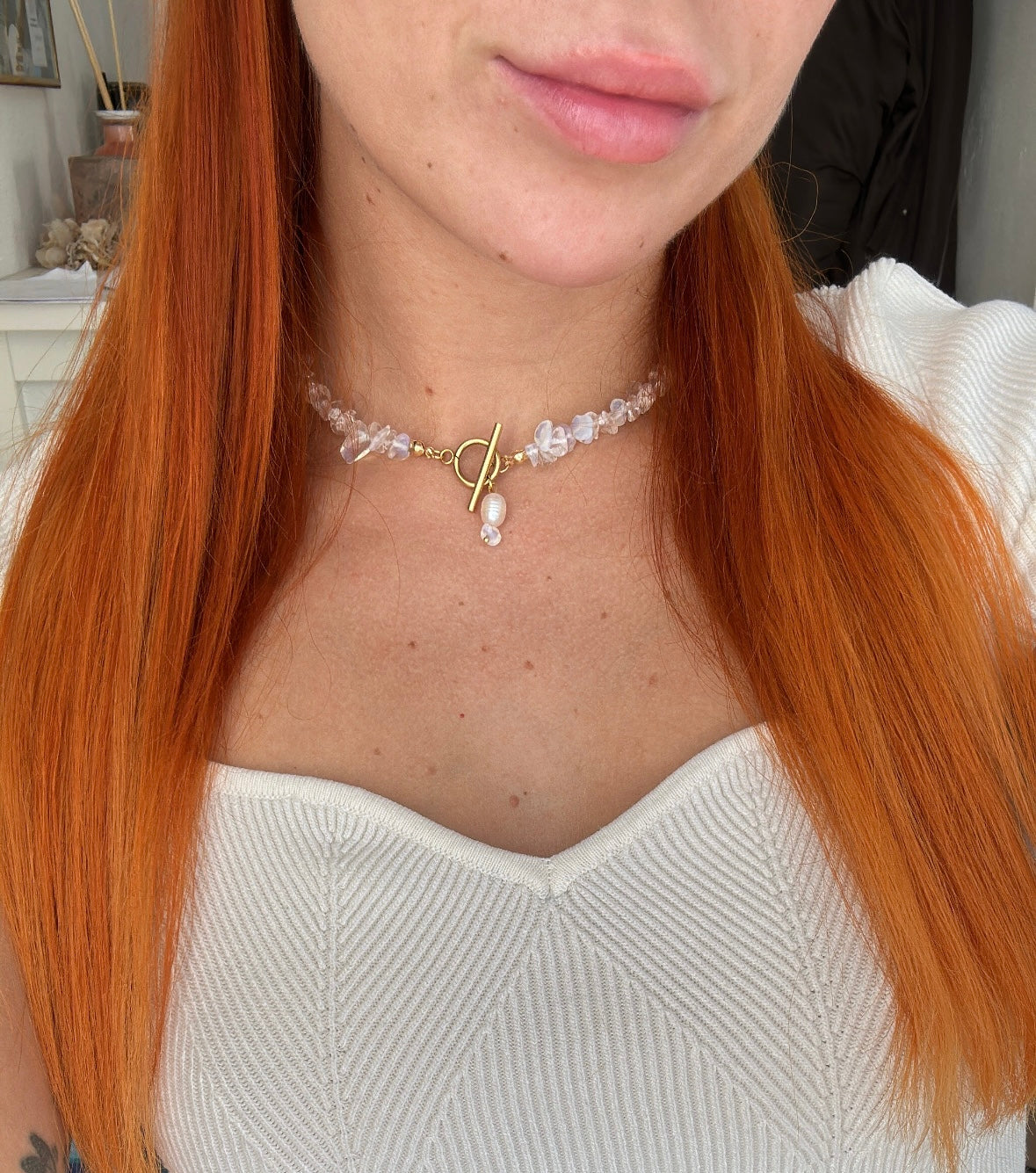 Opal Edelsteinkette mit Süßwasserperle